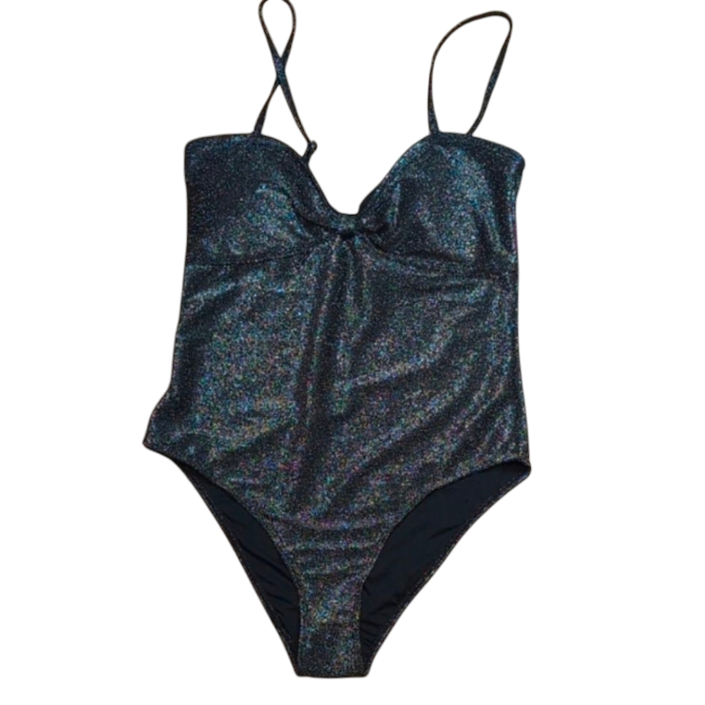 Betsey Johnson Black Shimmer One Piece Knotted Front Swimsuit Size Large